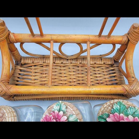 Vintage Retro Set of 3 Tea, Coffee, and Sugar Canisters w/ wicker basket holder - Picture 4 of 8